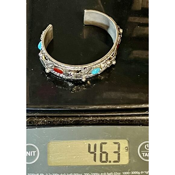 Vintage Navajo Mixed Metal Cuff Bracelet Turquoise Coral Inlay 46.3g HEAVY- 8.5” - Picture 12 of 12